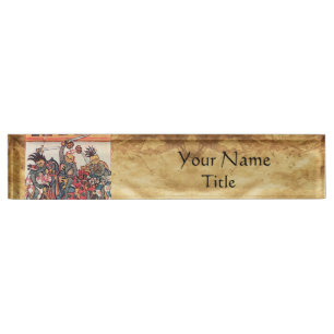 PLACA DE NOMBRE TORNEO MEDIEVAL, CABALLEROS QUE LUCHAN Y DAMISELAS
