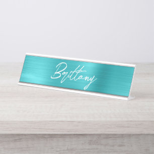Placa De Nombre Turquesa Azul Foil Moderno Pincel Escritura Primer