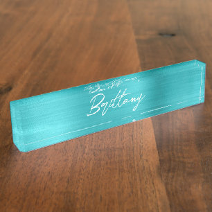 Placa De Nombre Turquesa Azul Ombre Foil Moderno Pincel Letra