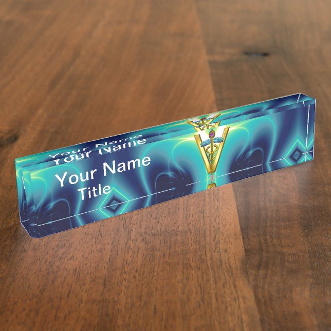 Placa De Nombre Turquesa VETERINARIA del azul del SÍMBOLO del (Lateral)