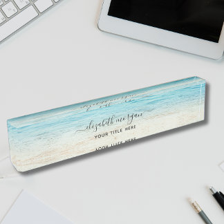 Placa De Nombre Verano de playa personalizado azul guión elegante