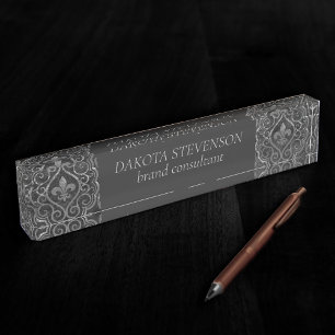 Placa De Nombre Vintage Fleur de Lis Marcas de Damasco de Grunge