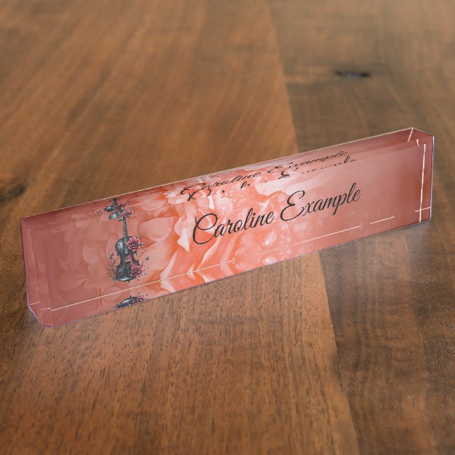 Placa De Nombre Violín negro gótico con rosas rojas (Lateral)