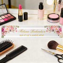 Placa De Nombre Watercolor Floral Rosa Rubor Gold