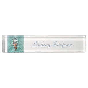 Placa De Nombre Watercolor Kingfisher Bird Naturaleza Art