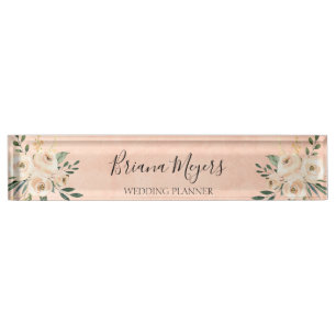 Placa De Nombre Watercolor Moderno Rubor Peach Hydrangeas Business