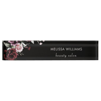 Placa De Nombre Watercolor Roses Black Background