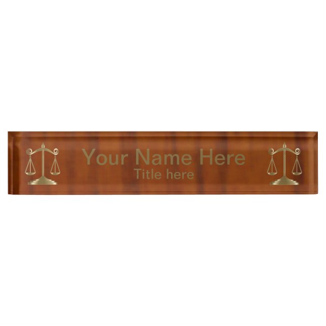 Placa De Nombre Wood Style Gold Scale of Justice (Anverso)