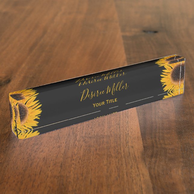 Placa De Nombre Yellow Sunflower Black Background Rustic Country (Lateral)