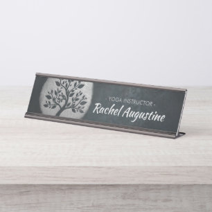 Placa De Nombre Yoga Meditation Reiki Instructor Black Silver Tree