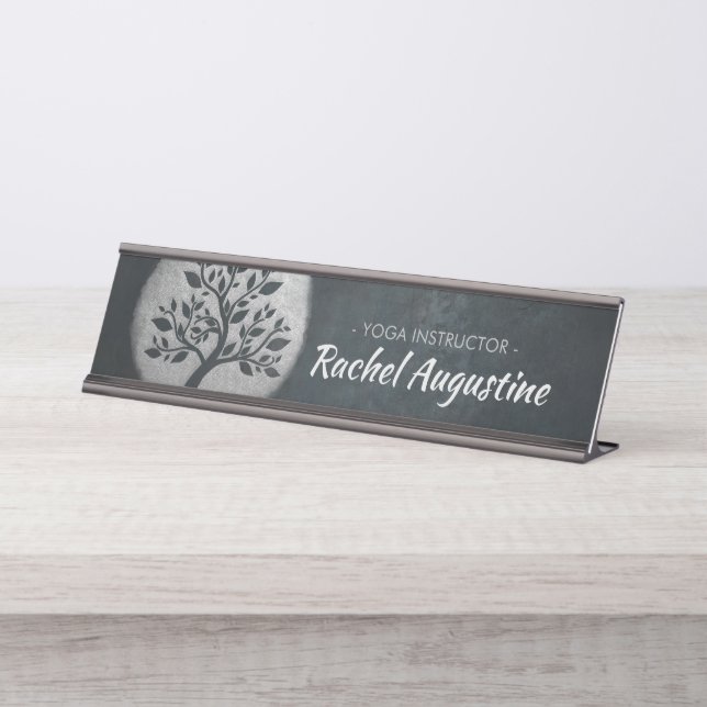 Placa De Nombre Yoga Meditation Reiki Instructor Black Silver Tree (Anverso)
