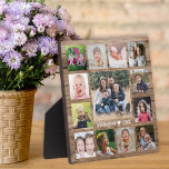 Placa Expositora 13 Collage de fotos familiar crea tu propia madera<br><div class="desc">Crea tu propia placa de collage de fotos con 13 de tus fotos favoritas sobre un fondo rústico de madera. Personaliza con el nombre de la familia y la fecha establecida.</div>
