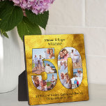 Placa Expositora 50.º aniversario Boda Collage de fotos de oro negr<br><div class="desc">Plaque de fotos del 50 aniversario del Boda - hecho con 11 de tus fotos favoritas. Un elegante keepsake con fondo dorado cepillado y tipografía negra. La plantilla de fotos está configurada para que usted cargue las fotos de modo que formarán automáticamente un collage de fotos número 50. El diseño...</div>