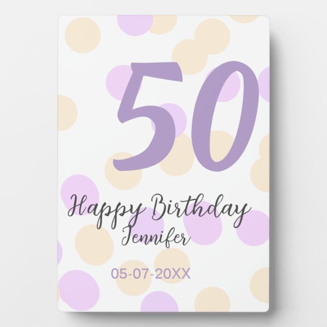 Placa Expositora 50th birthday add name date purple orange polkadot (Frente)