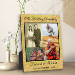 Placa Expositora 50th Golden Wedding Anniversary 4 Photo<br><div class="desc">Custom 50th Golden Wedding Anniversary photo plaque. Create your own unique piece by uploading 4 of your favorite photos from the last 50 years. This elegant, modern design is gold and black with a gold glitter and textured effect. Your pictures are set in a black border and framed with black...</div>