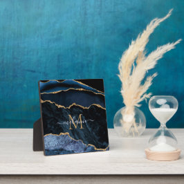 Placa Expositora Agate Navy Blue Gold Gemstone Marble Monograma