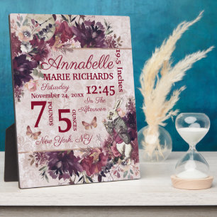 Placa Expositora Alice in Wonderland Floral Custom Baby Birth Stats
