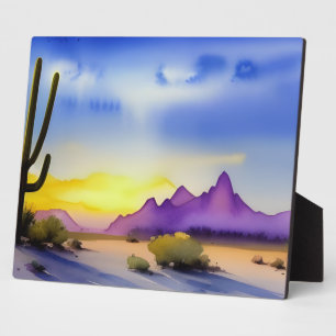 Placa Expositora Amanecer en el Desierto Escena Acuarela en Mesa
