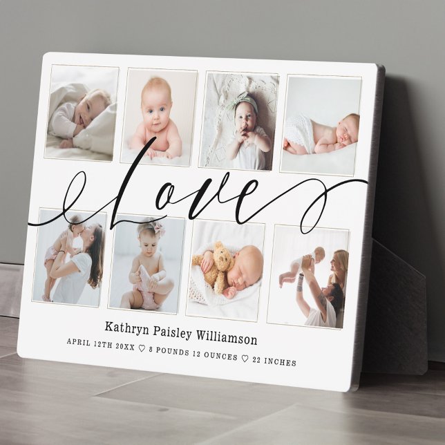 Placa Expositora Amor Script Collage de fotos Keepsake y estadístic (Love Script Photo Collage Keepsake & Birth Stats Plaque)
