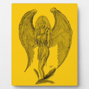 Placa Expositora Ángel - diseño negro y amarillo
