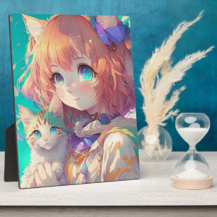 Placa Expositora Anime Chica sostiene un gatito adorable