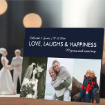 Placa Expositora Aniversario Collage Love Laureado Felicidad 3 Foto<br><div class="desc">Crea tu propia placa fotográfica con 3 de tus fotos favoritas. El texto dice "[sus nombres] AMOR, REÍRSE Y FELICIDAD [número] años y contando". La plantilla está configurada para que usted pueda personalizar con sus nombres, fecha establecida/casada y número de años juntos. La plantilla de fotos también está preparada para...</div>