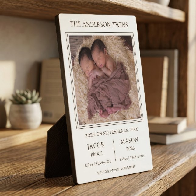 Placa Expositora Anuncio de nacimiento de gemelos con foto moderna (Subido por el creador)