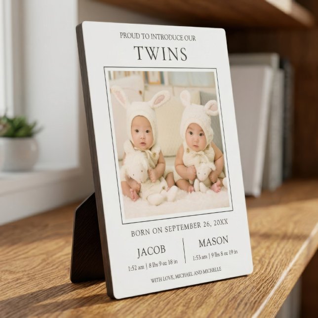 Placa Expositora Anuncio de nacimiento de gemelos con foto moderna (Subido por el creador)