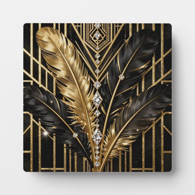 Placa Expositora Art Deco Black Gold Feathers (Frente)