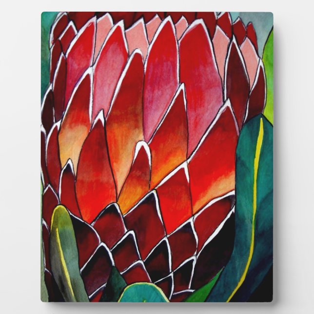 Placa Expositora Arte acuarela original de la flor Protea Roja (Frente)