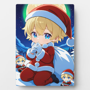 Placa Expositora Arte enmarcado de Anime Chibi Santa Boy Navidad