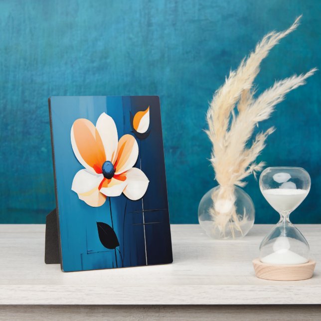 Placa Expositora Arte floral contemporáneo azul y Naranja (Lado)