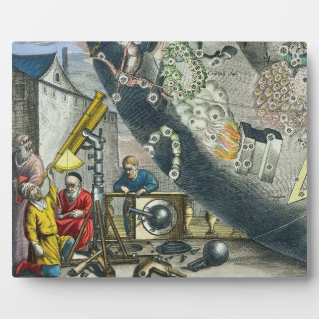 Placa Expositora Astrónomos mirando a través de un telescopio, deta (Frente)