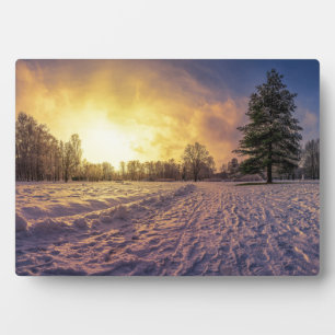 Placa Expositora Atardecer sobre el nevado parque invernal