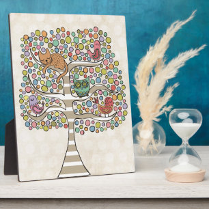 Placa Expositora Aves y búhos de gato en un Ilustracion de árbol