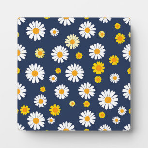 Placa Expositora Azul Marino Amarillo Floral Simple Patrón Retro de