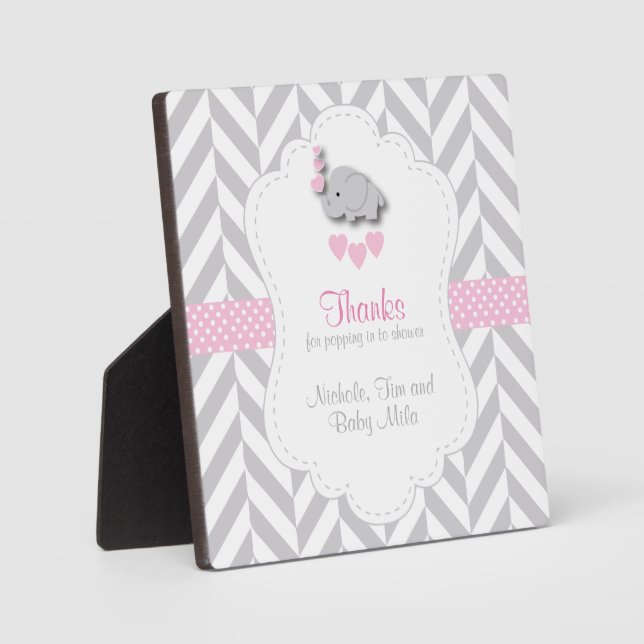 Placa Expositora Baby Shower rosa, elefante gris blanco (Anverso)