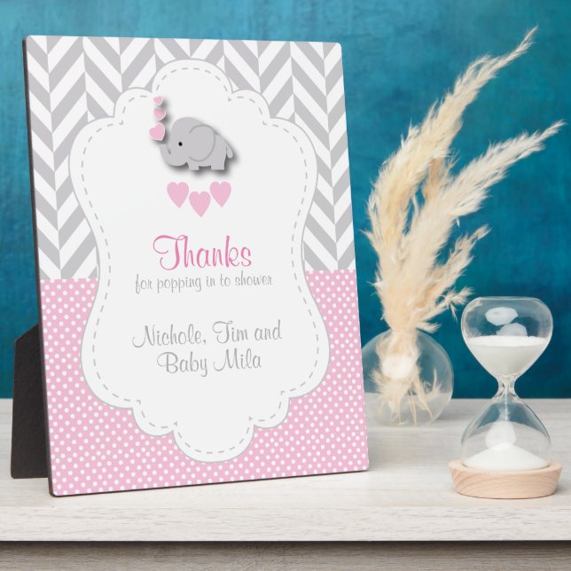 Placa Expositora Baby Shower Rosa, Elefante Gris Blanco Gracias (Lado)
