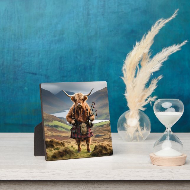 Placa Expositora Bagpiper de vaca de la región montañosa de Escocia (in situ)