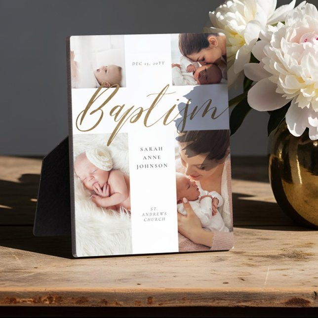 Placa Expositora Baptism Collage de fotos de caligrafía de oro Keep (Gold Calligraphy Photo Collage Baby Baptism Cross Plaque)