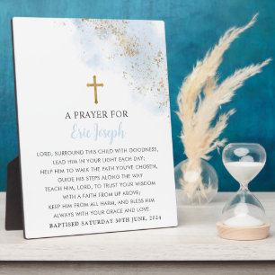Placa Expositora Baptism Prayer Rótulo Blue Gold Cross Boys