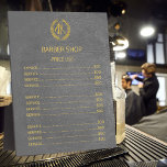Placa Expositora Barbería de la lista de precios de apariencia de c<br><div class="desc">Una lista de precios exclusiva de lujo para una peluquería barbero con un bonito dorado sobre un elegante y oscuro fondo de cuero gris. Tenga en cuenta que el aspecto de cuero está impreso.</div>