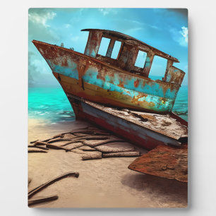 Placa Expositora Barco viejo y desesperado en una playa abandonada
