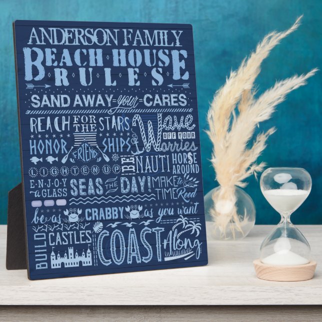 Placa Expositora Beach House Rules Coastal Blue Personalizado Nombr (Lado)