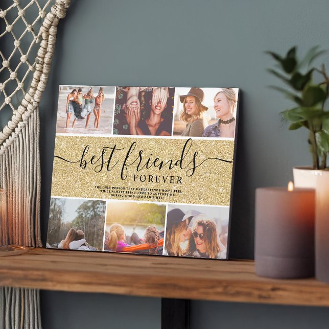 Placa Expositora Best friends gold glitter 6 photo collage grid (Best friends gold glitter 6 photo collage grid plaque)