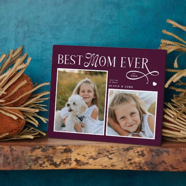Placa Expositora Best Mom Ever Photo Heart Mothers Day Burgundy (Lado)