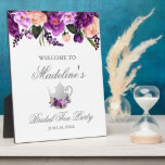 Placa Expositora Bienvenida a Fiesta de té con ducha marrón morado<br><div class="desc">Acuarela Morado Ultra Violeta Floral Bridal Ducha Té Fiesta de bienvenida Plata</div>
