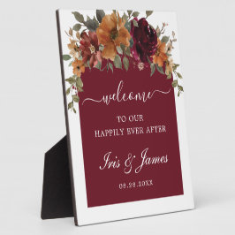Placa Expositora Bienvenida de boda con arco floral de color naranj