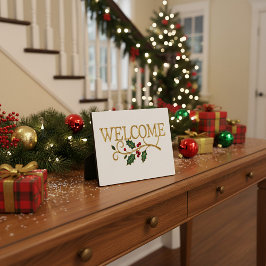 Placa Expositora Bienvenido invitado de Navidad de acebo