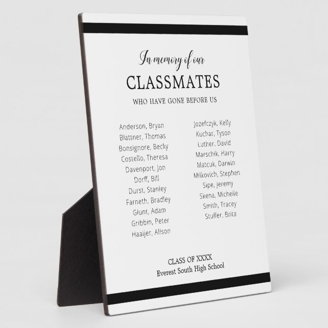 Placa Expositora Black In Memory Of Our Classmates Class Reunion (Lado)